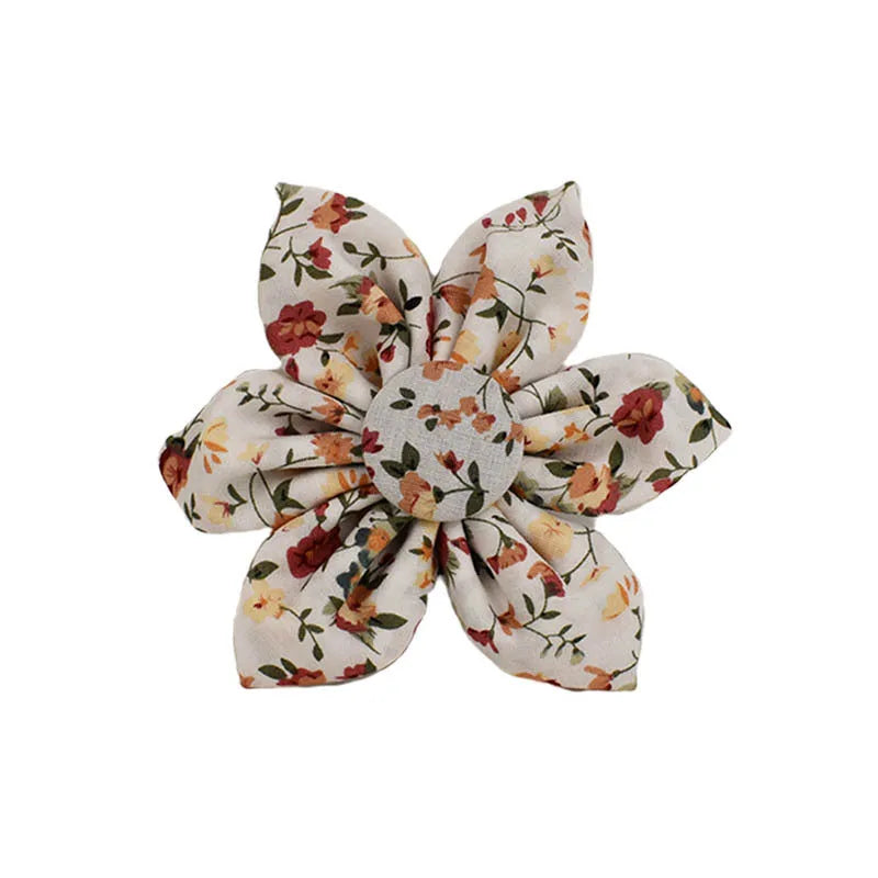 Small white flower cloth dog collar and leash set with matching vest and bow accessories