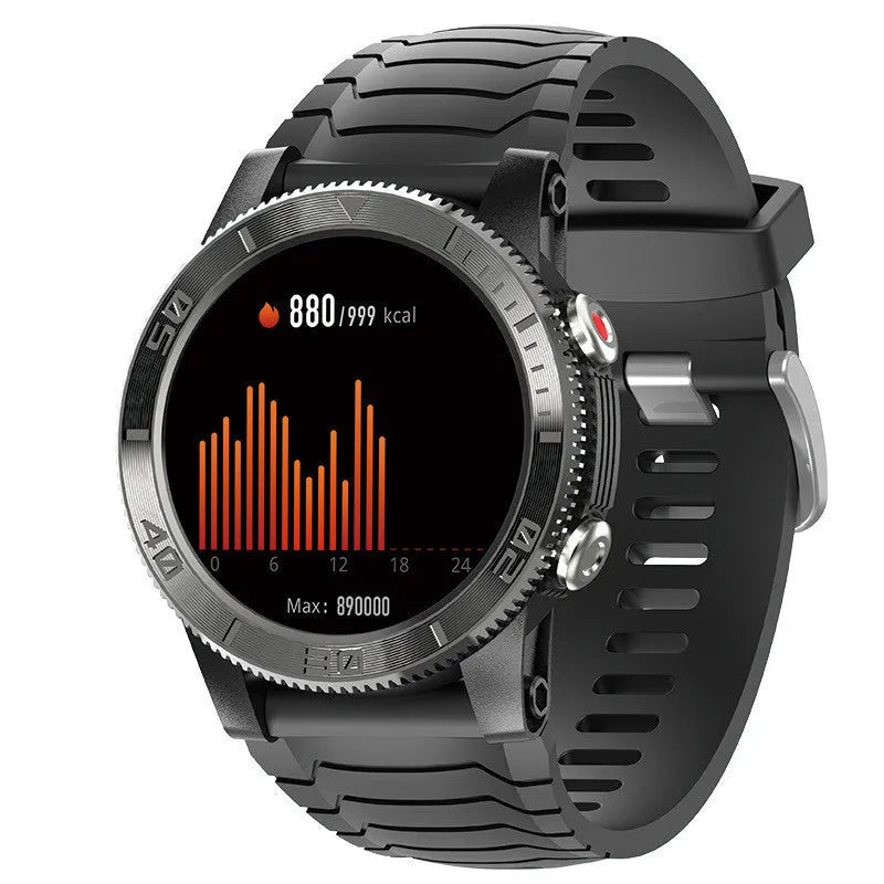 Black smart watch with 48MM dial, 22MM band, GPS heart rate stress compass and 580mAh battery