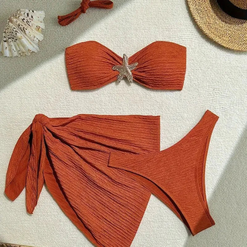 Brown floral three-piece bikini set with tube top, pants and beach skirt in polyester, sizes S to XL