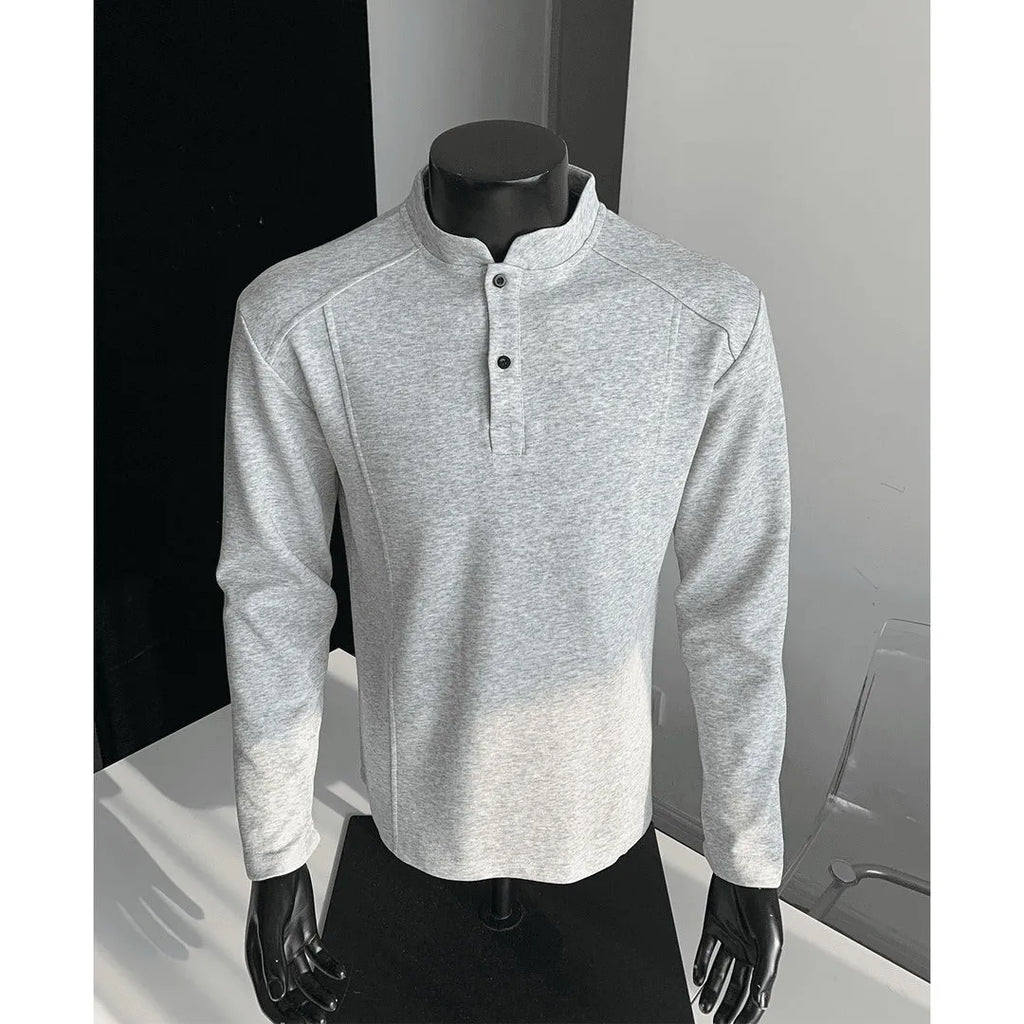 Men's stand-up collar polo shirt with asymmetric patchwork design in grey colour