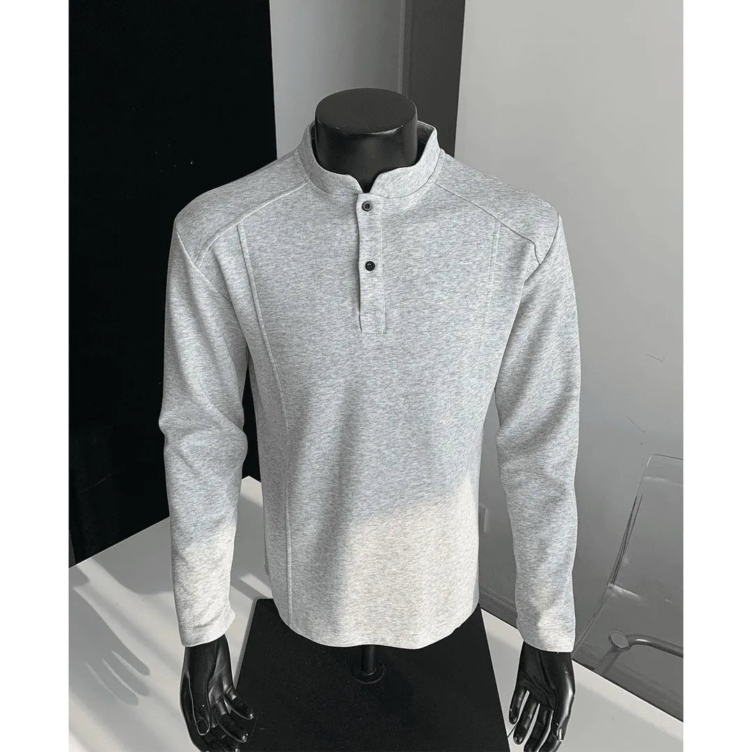 Men's stand-up collar polo shirt with asymmetric patchwork design in grey colour