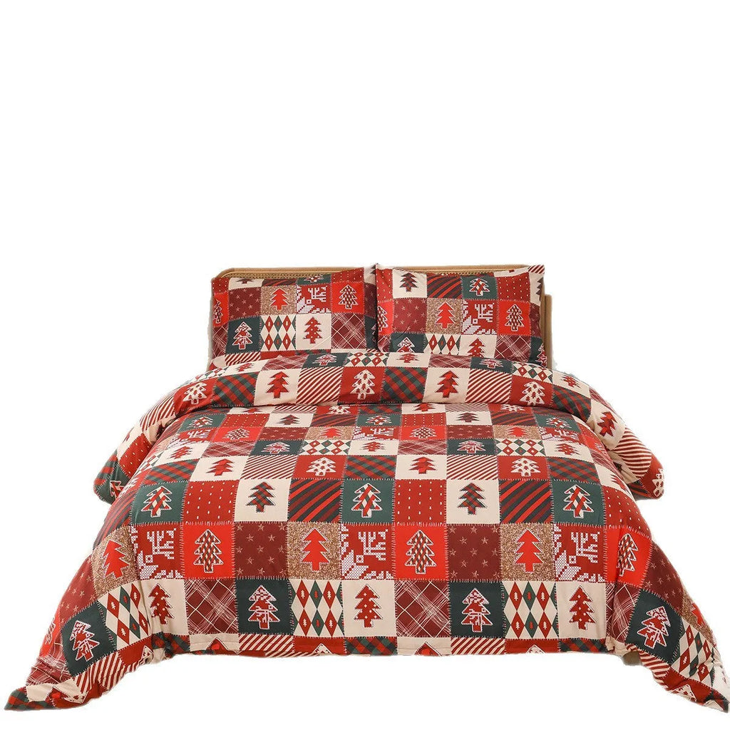 Red plaid Christmas bedding three-piece set showing quilt cover and pillowcases on bed