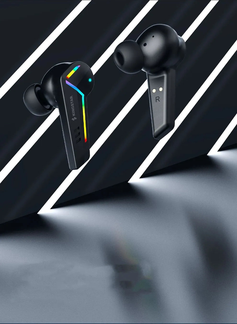 Black TWS in-ear Bluetooth sports headset with low latency for gaming.
