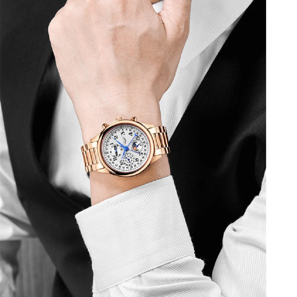 Men's mechanical perpetual calendar watch with leather strap showing moon phase and calendar displays