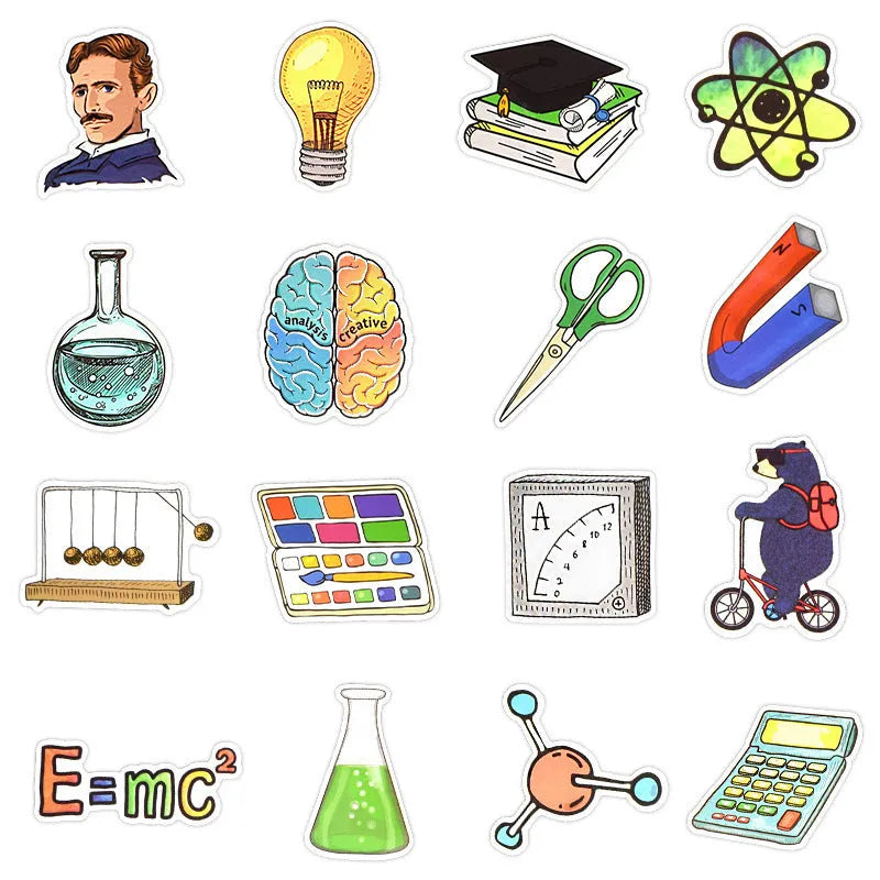 50 sheets of science education graffiti stickers with experiment patterns, each 5 to 10cm, adhesive theme series set
