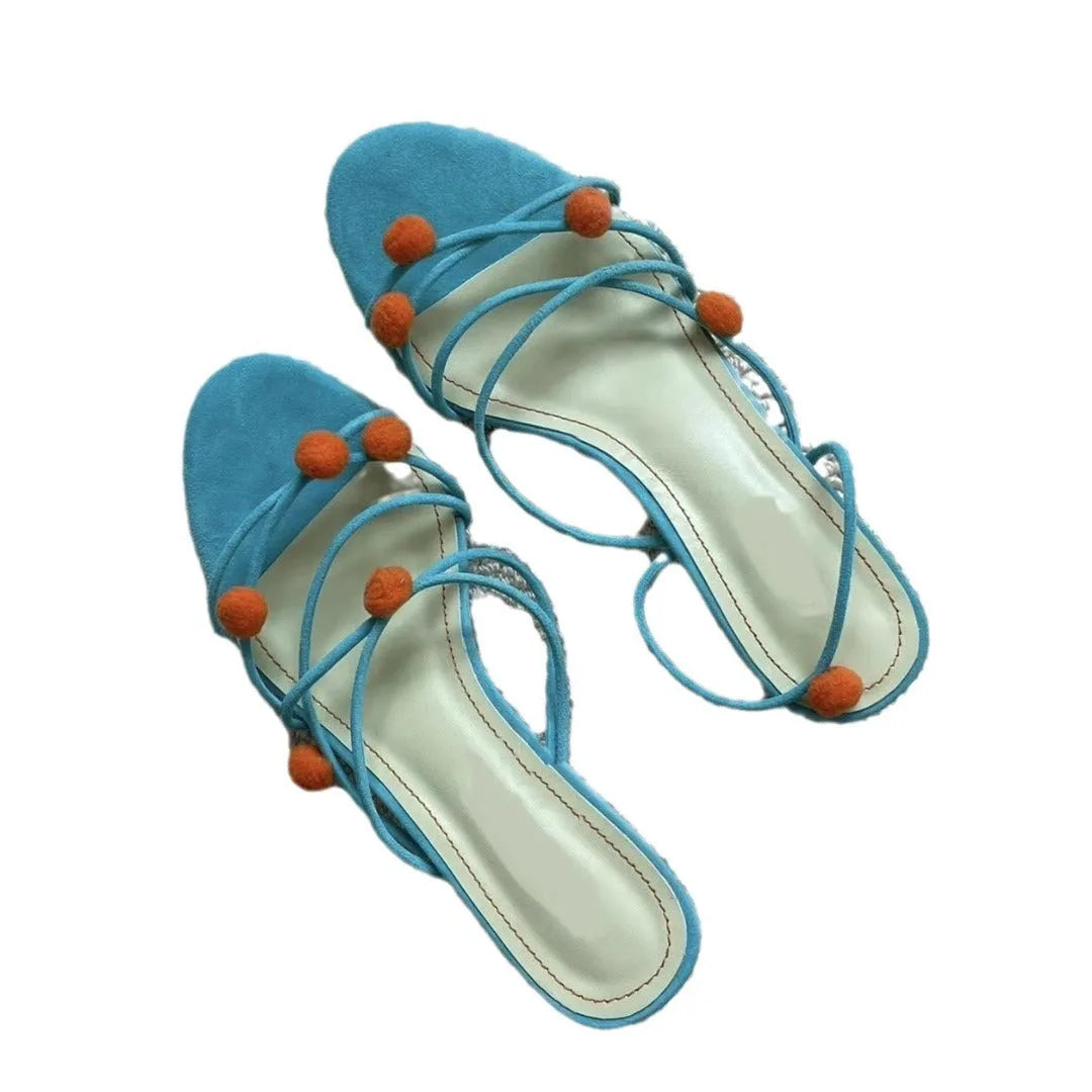 Cyan high-heeled sandals with thin strap lace-up design and open toe made from genuine French leather