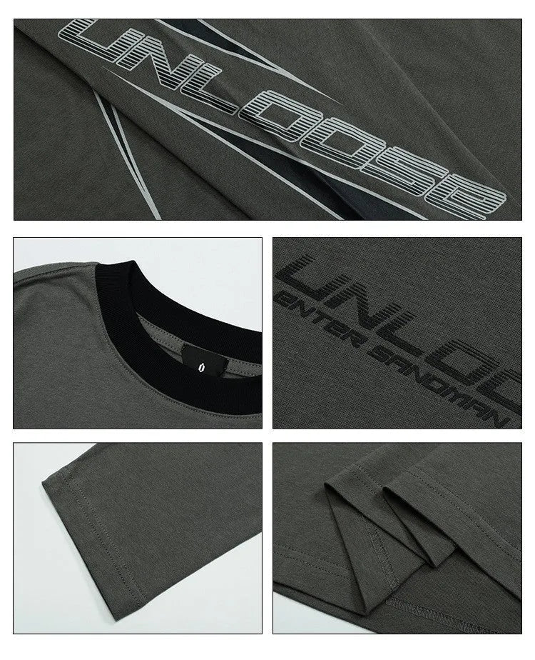 Men's grey khaki cotton pullover sweatshirt with drop-shoulder sleeves and a letter pattern
