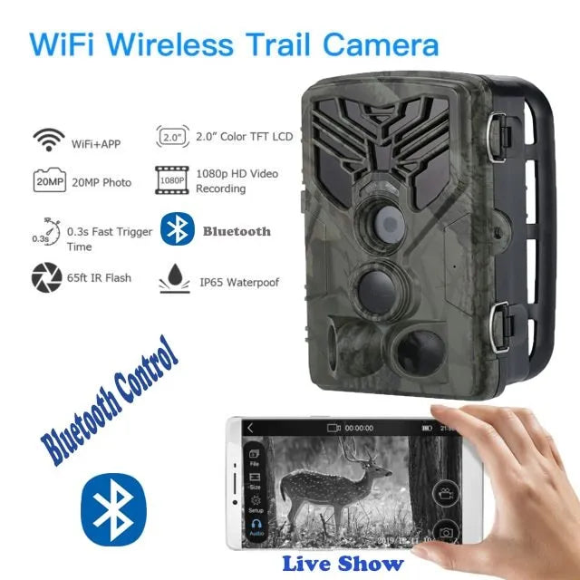 Wifi830 trail camera with camouflage pattern showing lens, infrared LEDs, and belt mount