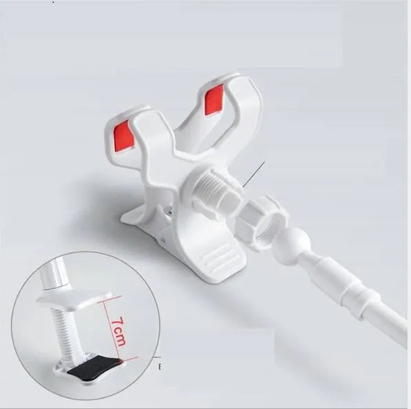 Lazy mobile phone bracket with spiral clip base and bendable alloy pipe in blue or pink, 80cm to 138cm