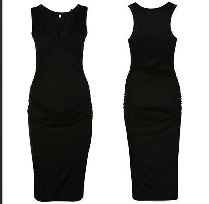 Sleeveless maternity dress with deep V-neck in solid black or grey colour
