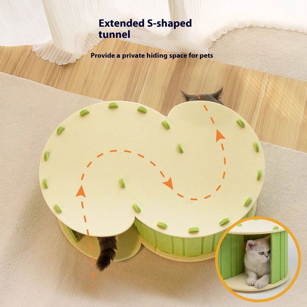 Foldable semi-closed felt cat scratch board nest in camel colour, size 58x40x24 cm