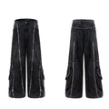 Black gradient distressed denim coat with padded shoulders and matching trousers on a hanger.