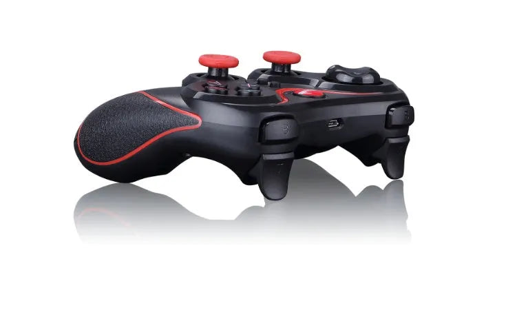 Wireless Bluetooth gamepad in black with attached bracket holding a smartphone