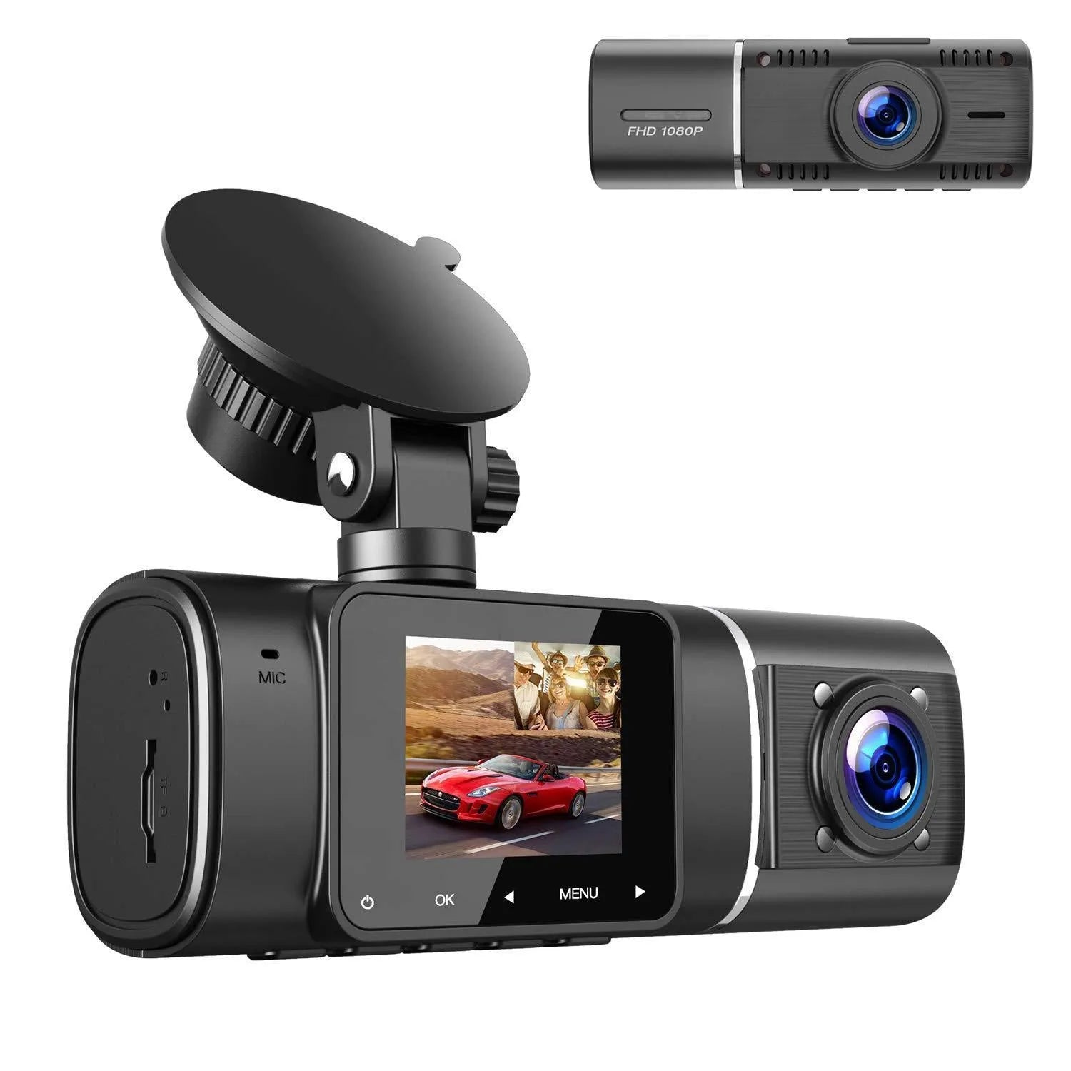 Standard black dash cam for car with 1.5-inch screen, showing front and rear recording capability.