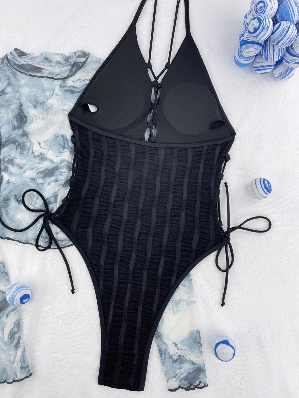 Black solid colour one-piece swimsuit for women with polyester construction in S M L sizes