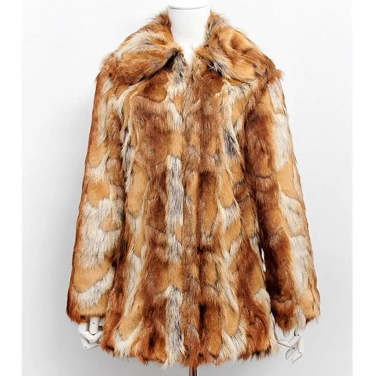 Women's slim fit tiger pattern faux fur jacket with long sleeves on a mannequin.