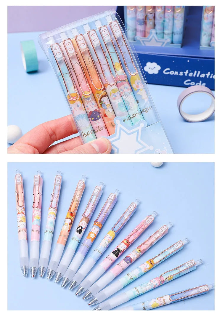 Six constellation-themed press gel pens with zodiac designs and 0.5mm tips