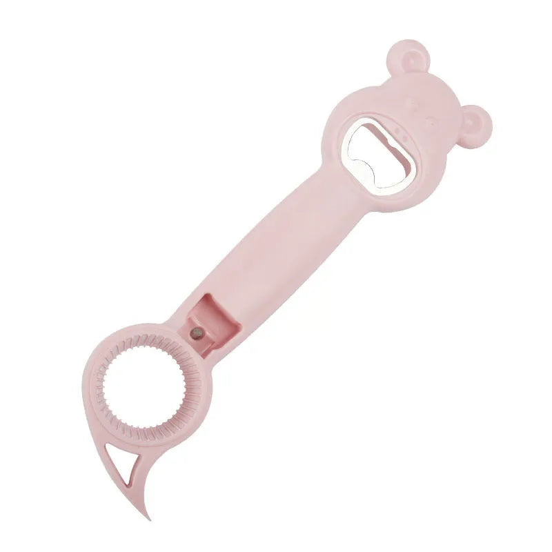 4-in-1 stainless steel and PP manual bottle opener and jar opener in gray blue, 21 cm long, on a white surface