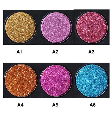 Sequin eye shadow tray with 6 colours in a 10 cm by 7.8 cm by 0.9 cm palette
