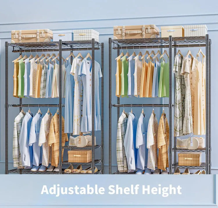 Black metal household storage rack for hangers, trousers and ties measuring 175cm high