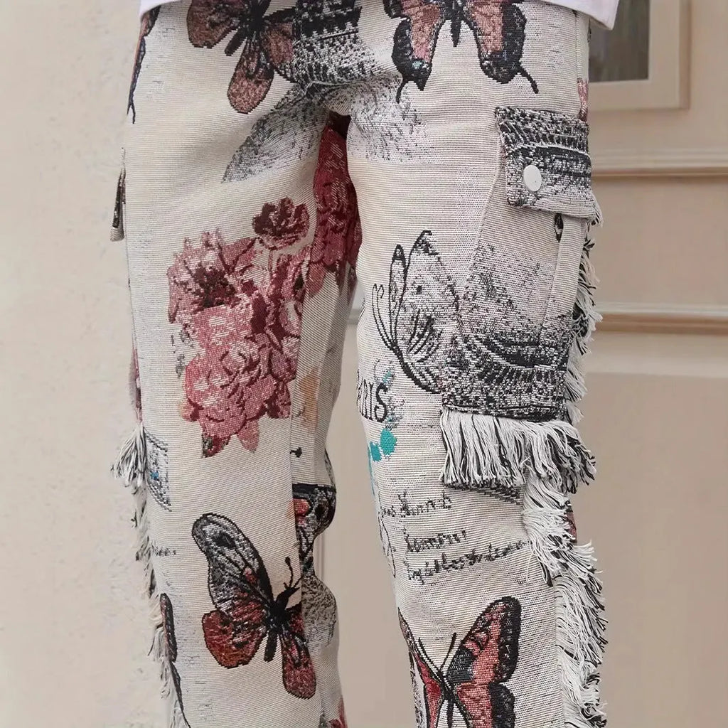 Men's slim fit animal digital print denim trousers in mid-waist casual style with zip fly