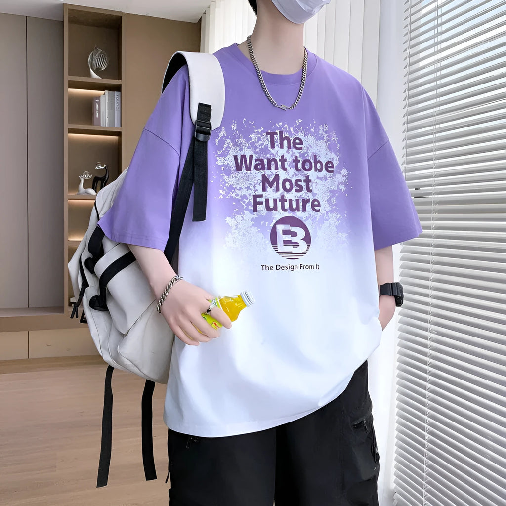 Boys printed cotton blend t-shirt with short sleeves and drop-shoulder design in various colours.