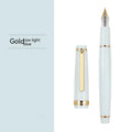 Resin fountain pen with stainless steel nib, shown in black with gold clip option.
