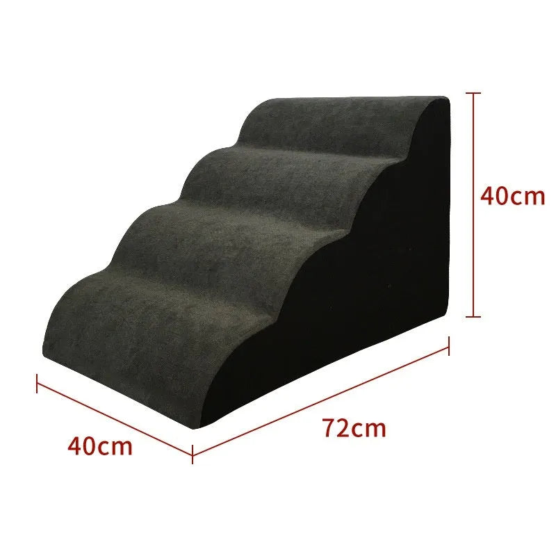 Brown wooden pet stairs with removable fabric steps helping a small dog reach a sofa