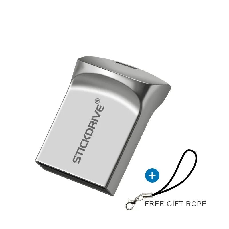 Metal USB flash drive on necklace chain showing black and silver colour options