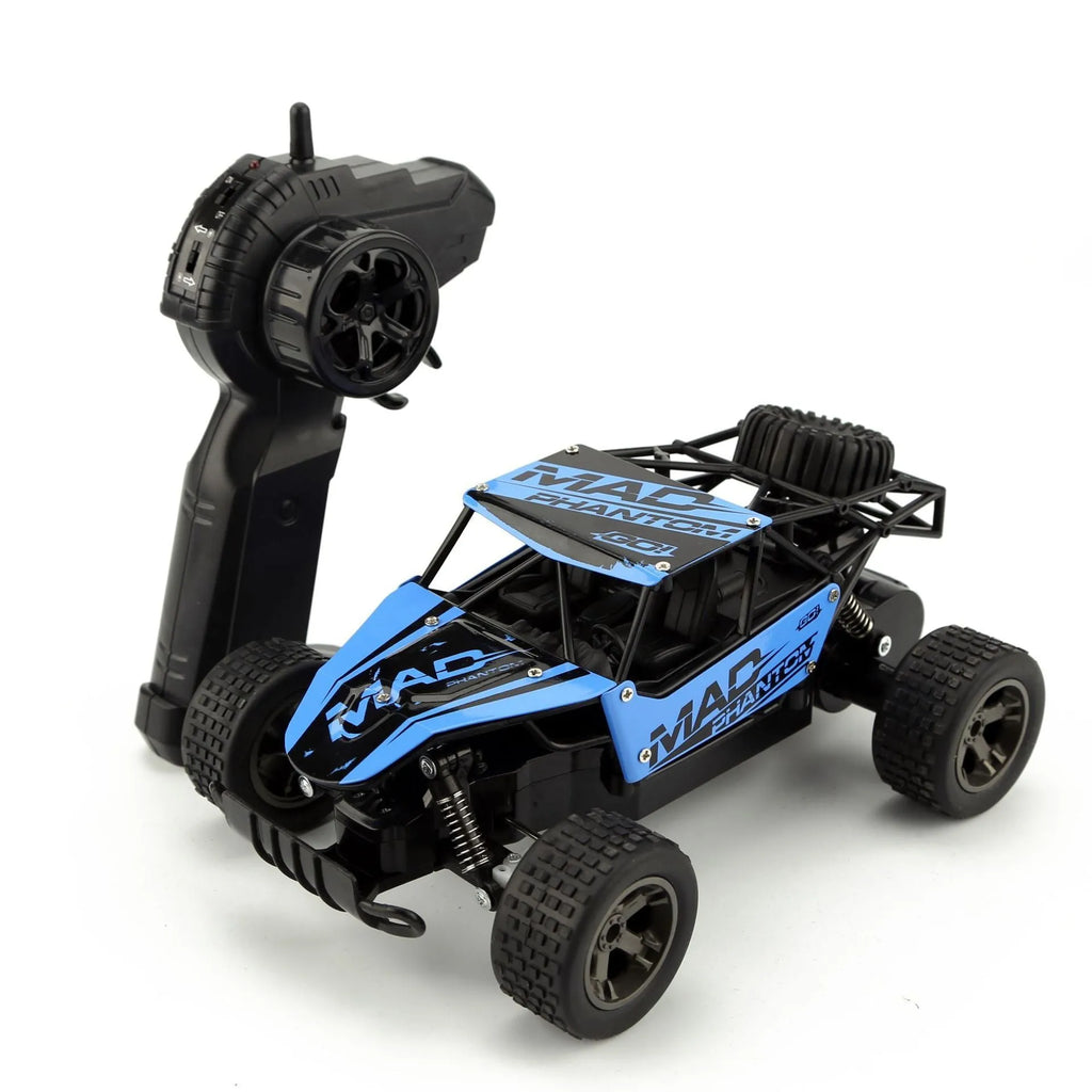 Blue and yellow 1:18 scale remote control drift car with 2.4GHz transmitter on a flat surface