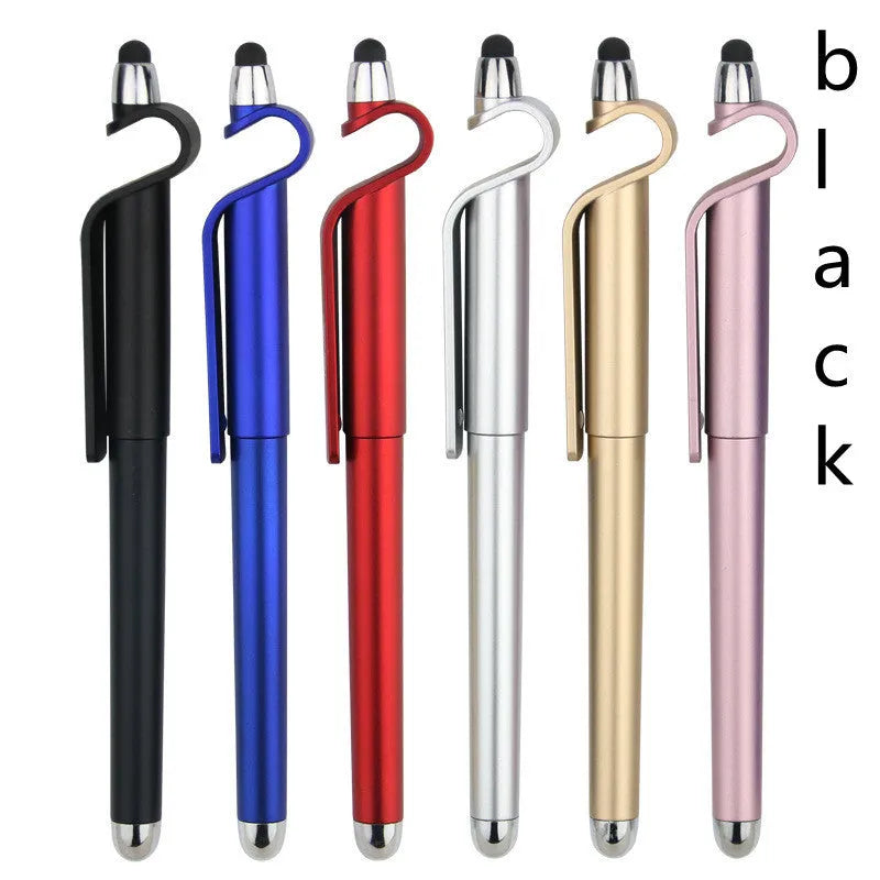 Touchscreen pen with integrated mobile phone holder showing 0.5mm tip and black/blue refill options