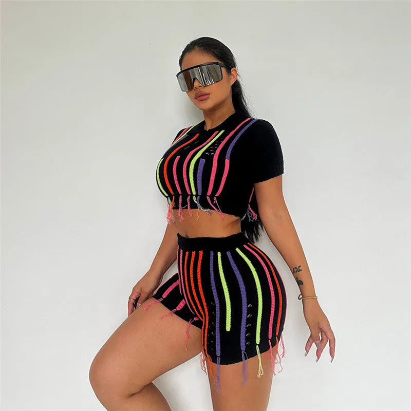 Black women's high waist sheath slim fit suit set with sleeveless top and shorts in polyester fiber