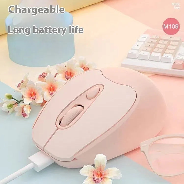 Bluetooth dual-mode wireless mouse in pink, grey, or green with USB charging cable