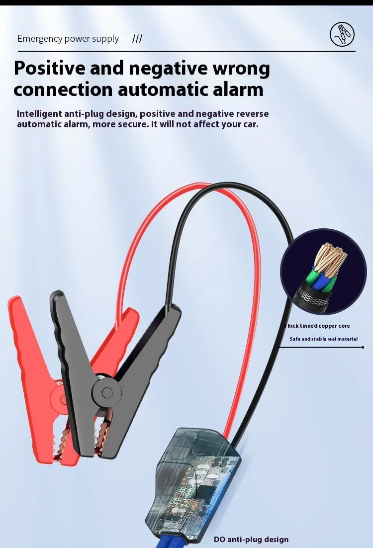 Portable automobile emergency jump starter power source with LED light in ABS toolbox-style casing.