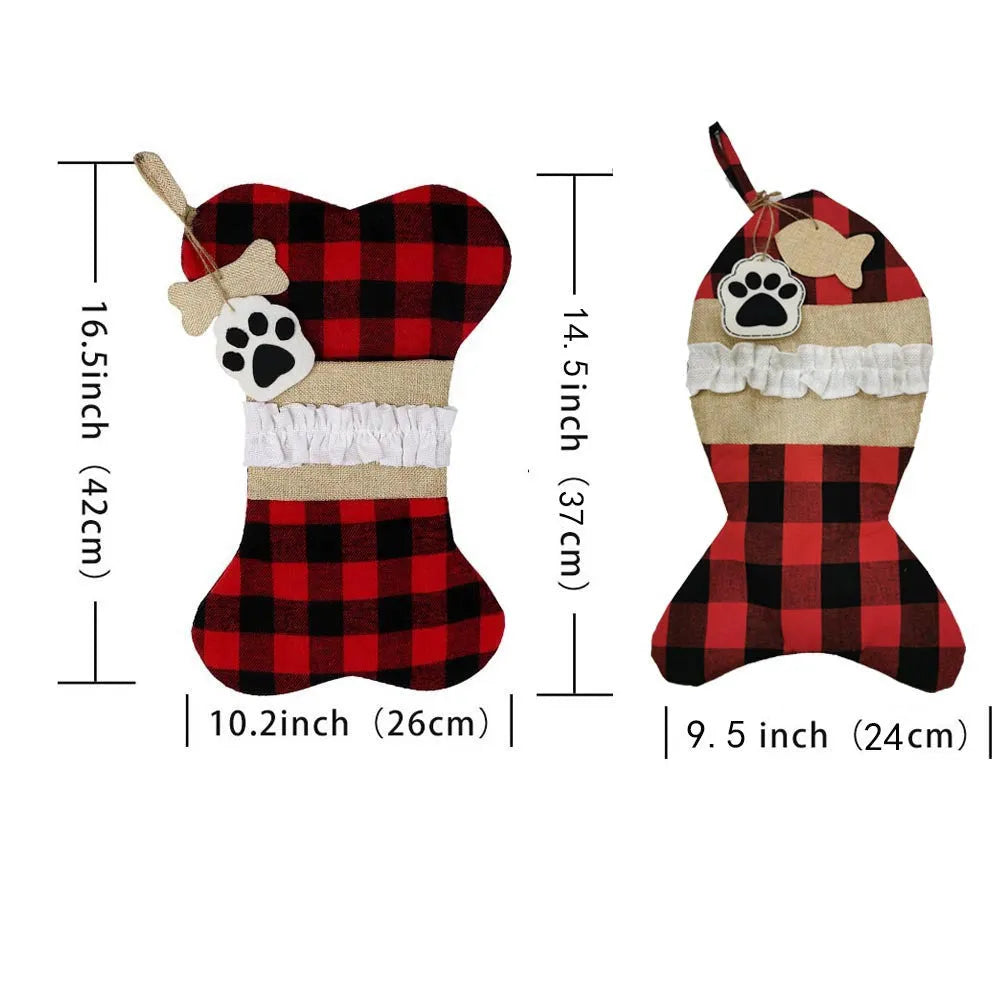 Christmas pet sock in polyester, black and red grid bones pattern, hanging decoration