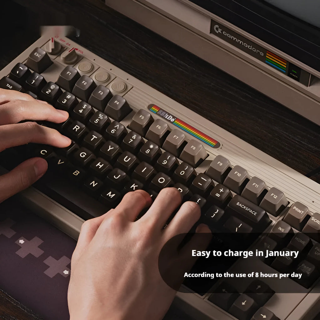 Retro C64-style wireless mechanical gaming keyboard with Bluetooth connectivity