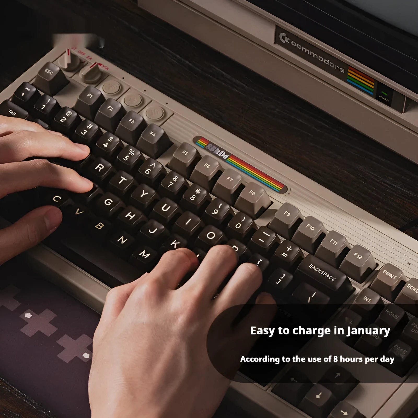 Retro C64-style wireless mechanical gaming keyboard with Bluetooth connectivity