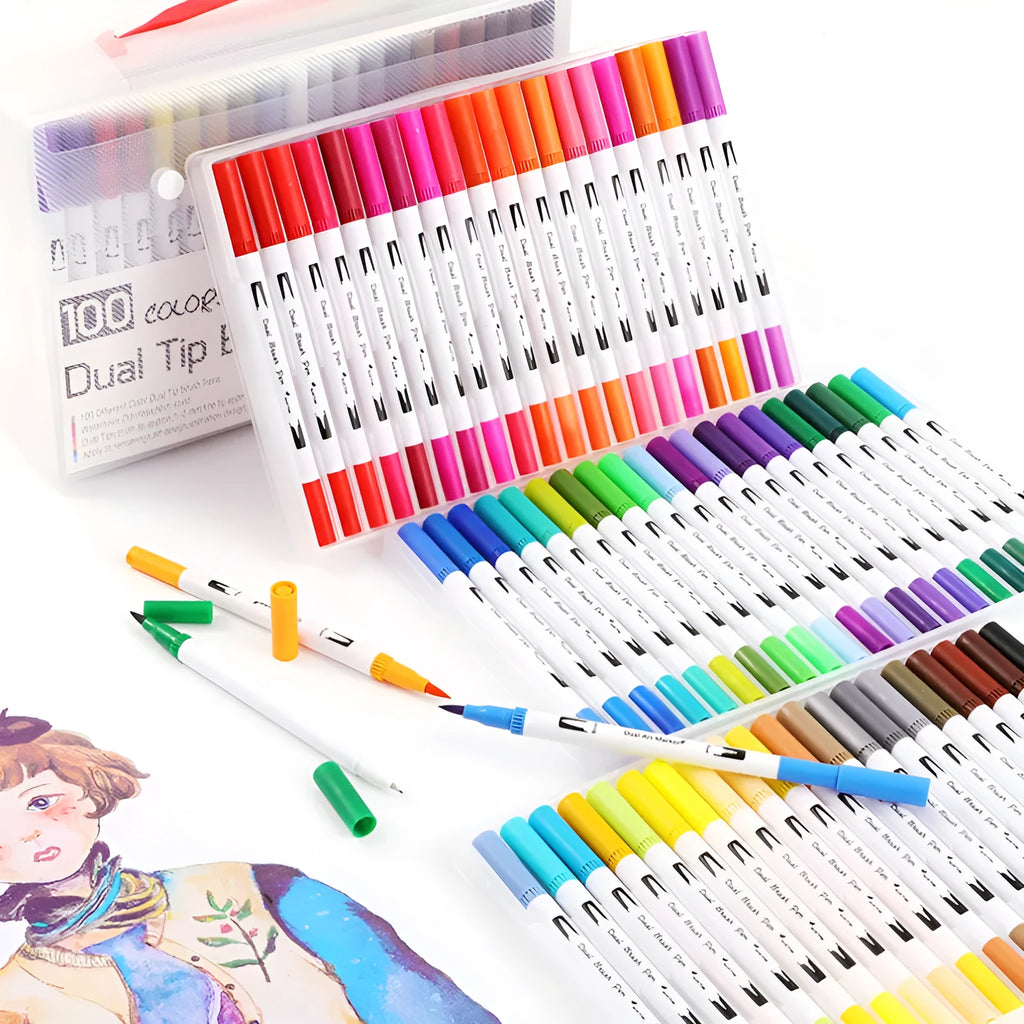 Set of dual-tip watercolour brush pens with flexible brush nibs and fine points, arranged by colour.