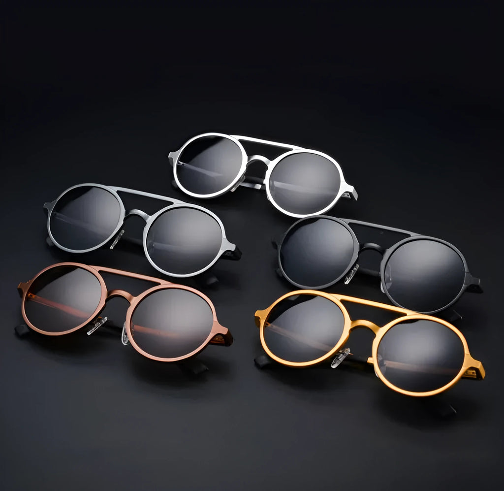Men's polarised sunglasses with aluminium magnesium vintage round frame in black with grey lenses