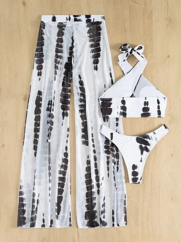 Women's three-piece swimsuit bikini set with mesh trousers in quick-drying polyester fabric