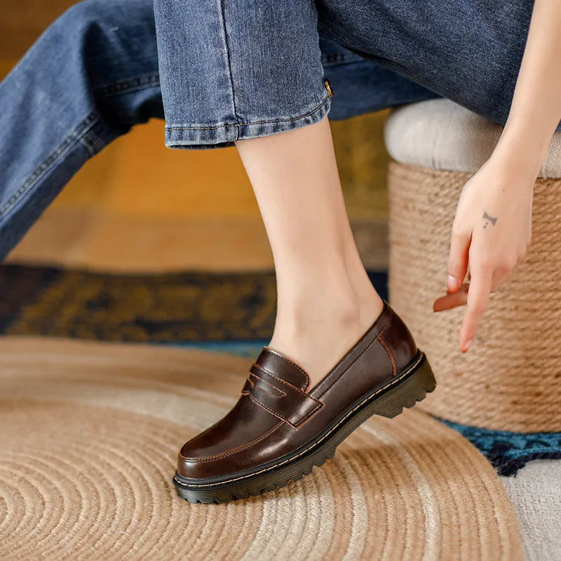 Round head low heel leather shoes for women in vintage brown, side view showing shallow mouth and low heel