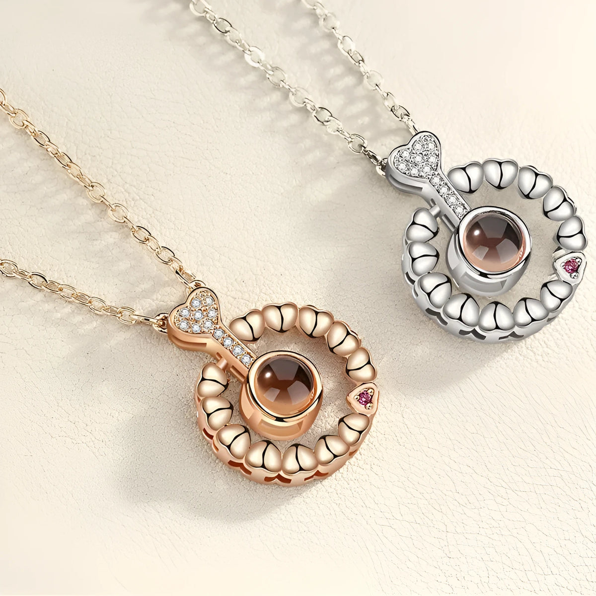 I love you 100 languages projection necklace, copper with gold plating, 50cm chain, pendant detail