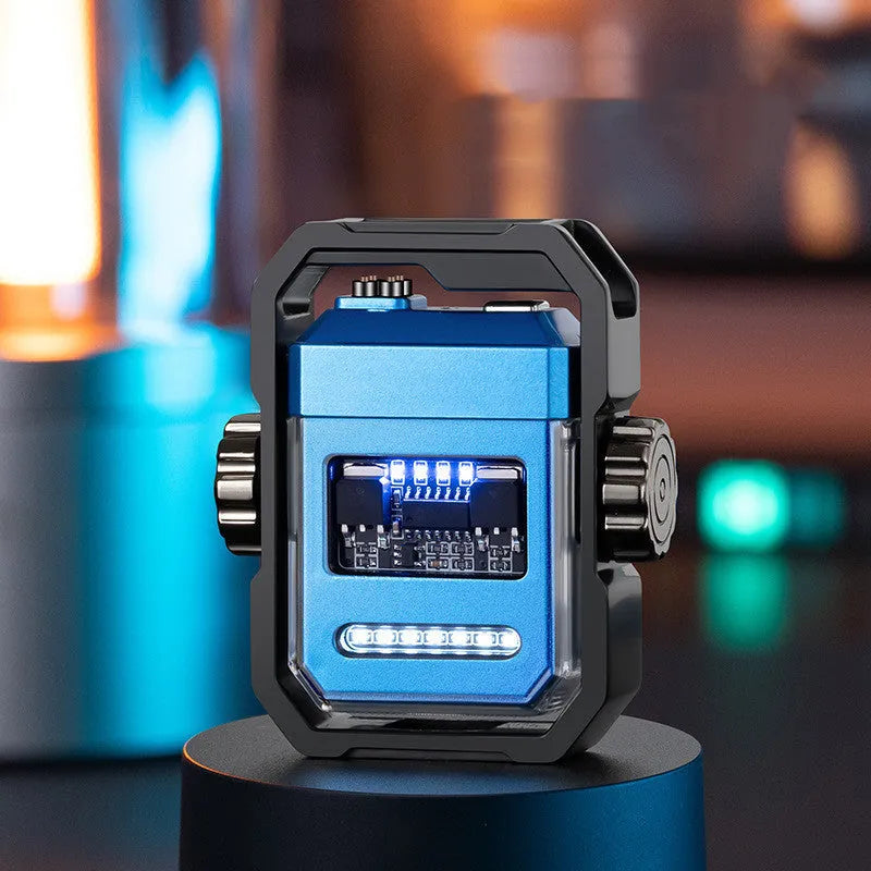 Windproof USB-C rechargeable electric arc lighter with a built-in fidget gyroscope, shown in blue.