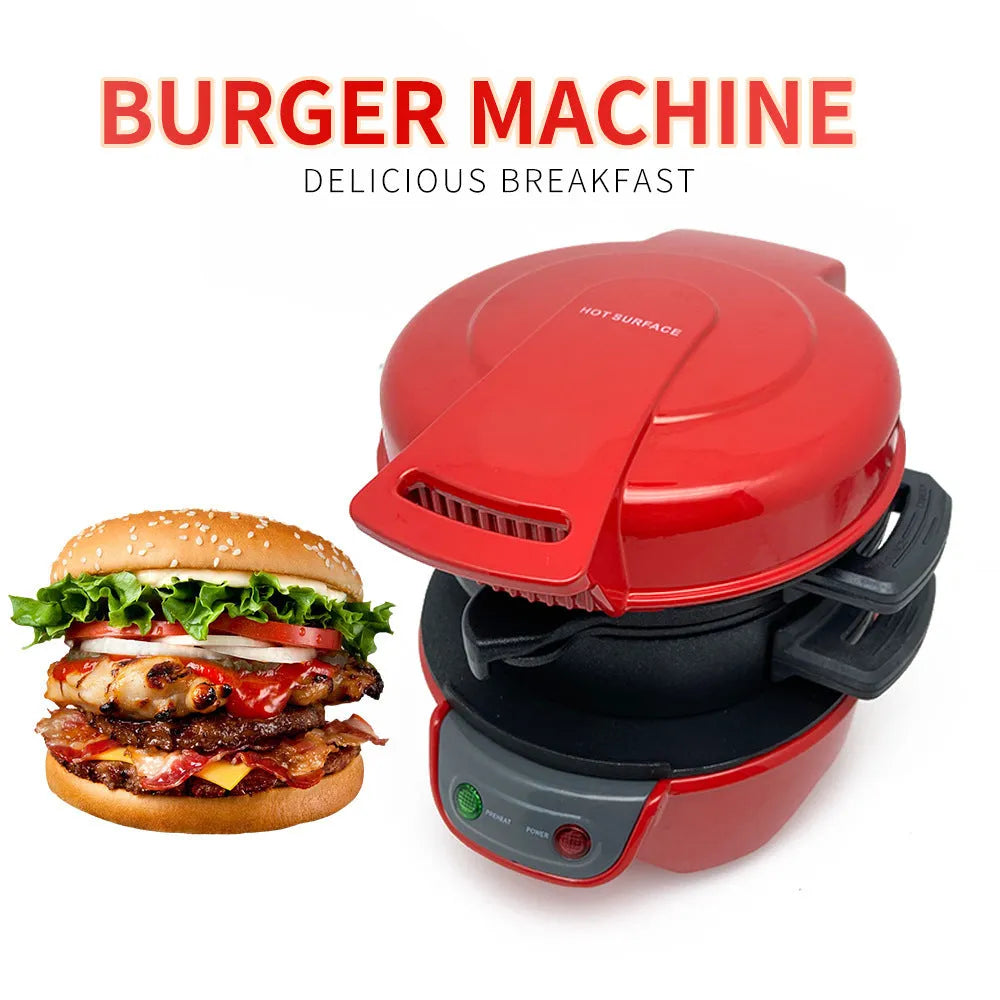 Bright red household breakfast machine sandwich toaster with egg cooker ring on a kitchen counter.