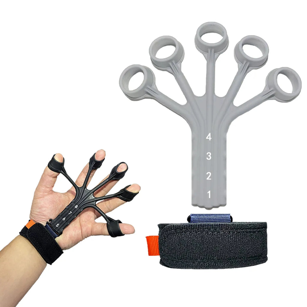 HLX silicone finger rehabilitation trainer with adjustable tension belt, shown in grey colour.