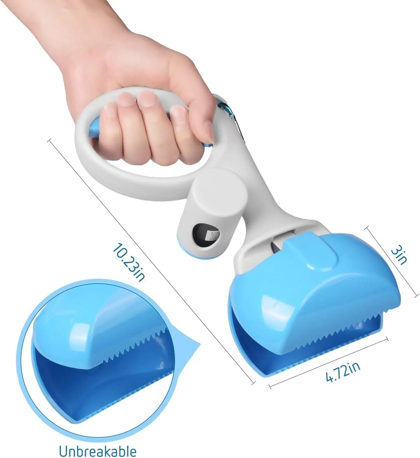 High-strength ABS plastic pet pooper scooper with built-in bag holder in blue, red, yellow, or black.