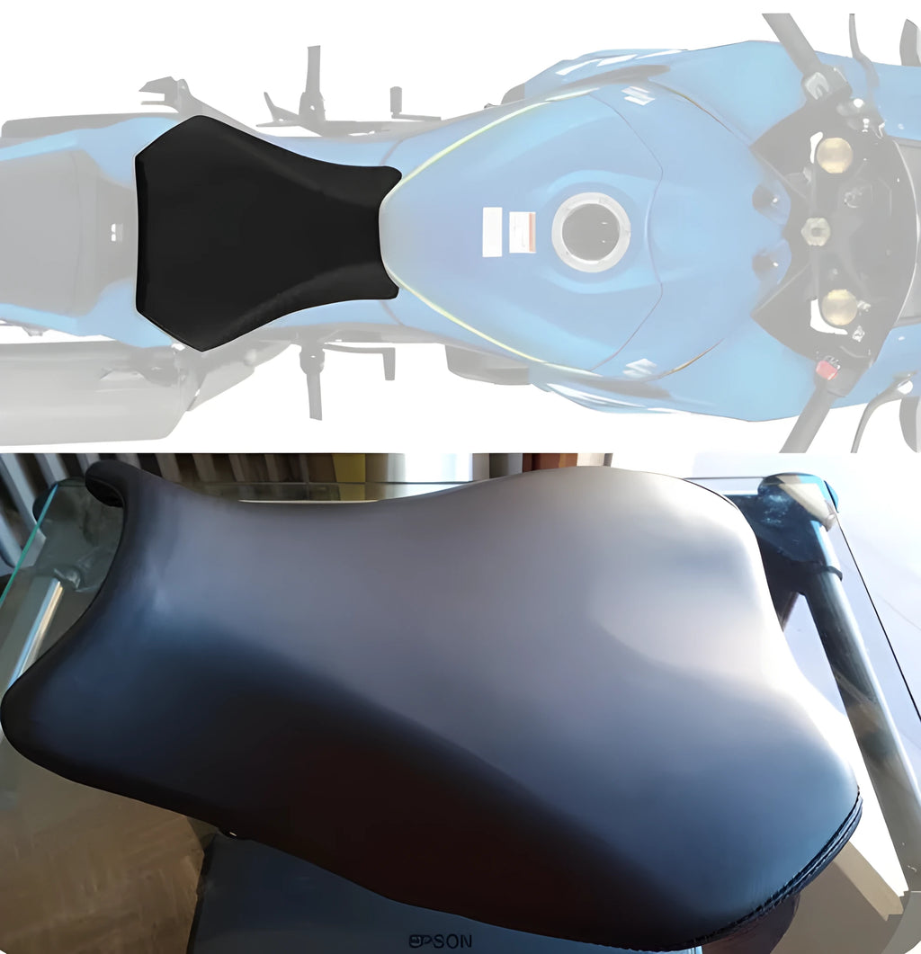 Waterproof PU leather seat cover for Suzuki GSXR1000 motorcycle on a front seat.