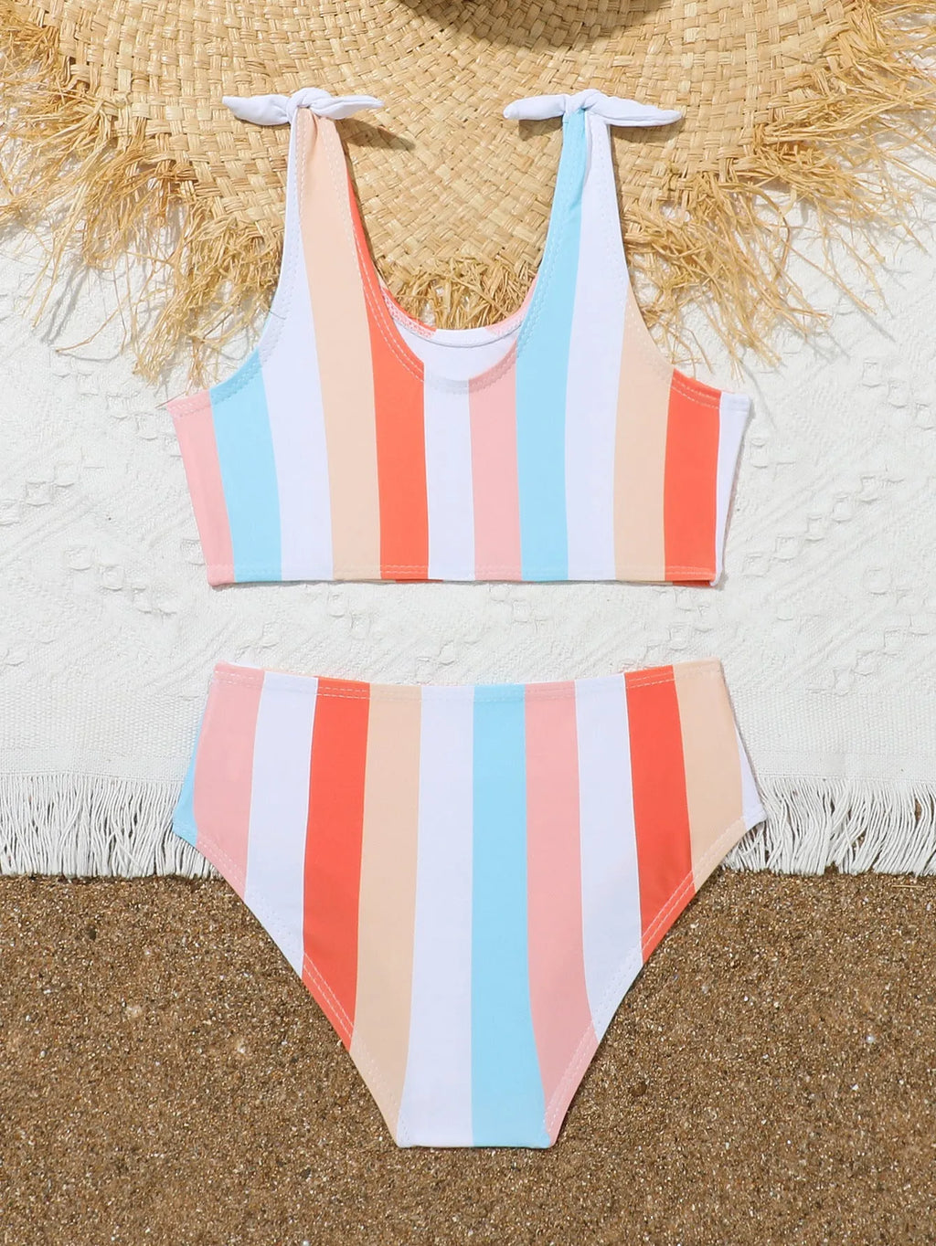Girls' plaid print bikini brief swimsuit set for swimming, showing bra and panties