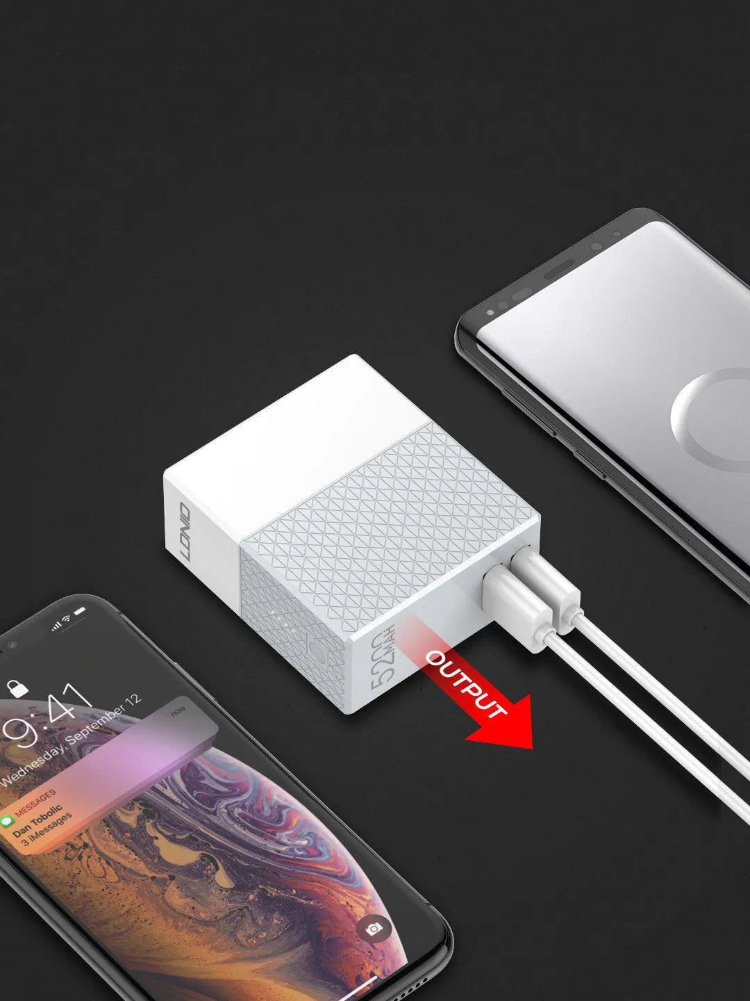 White two-in-one power bank charger with integrated plug, showing UK/US/EU pins and 5200mAh capacity.