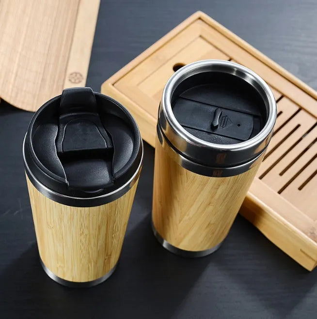 Bamboo coffee cup with double wall insulation, recyclable leak-proof lid, and anti-slip foam pad